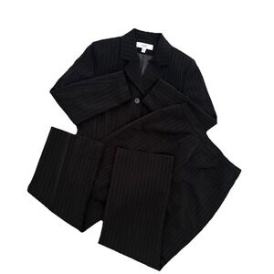 Le Suit Essentials Black Pinstripe Pantsuit Set Blazer Pants 10P Petite Career